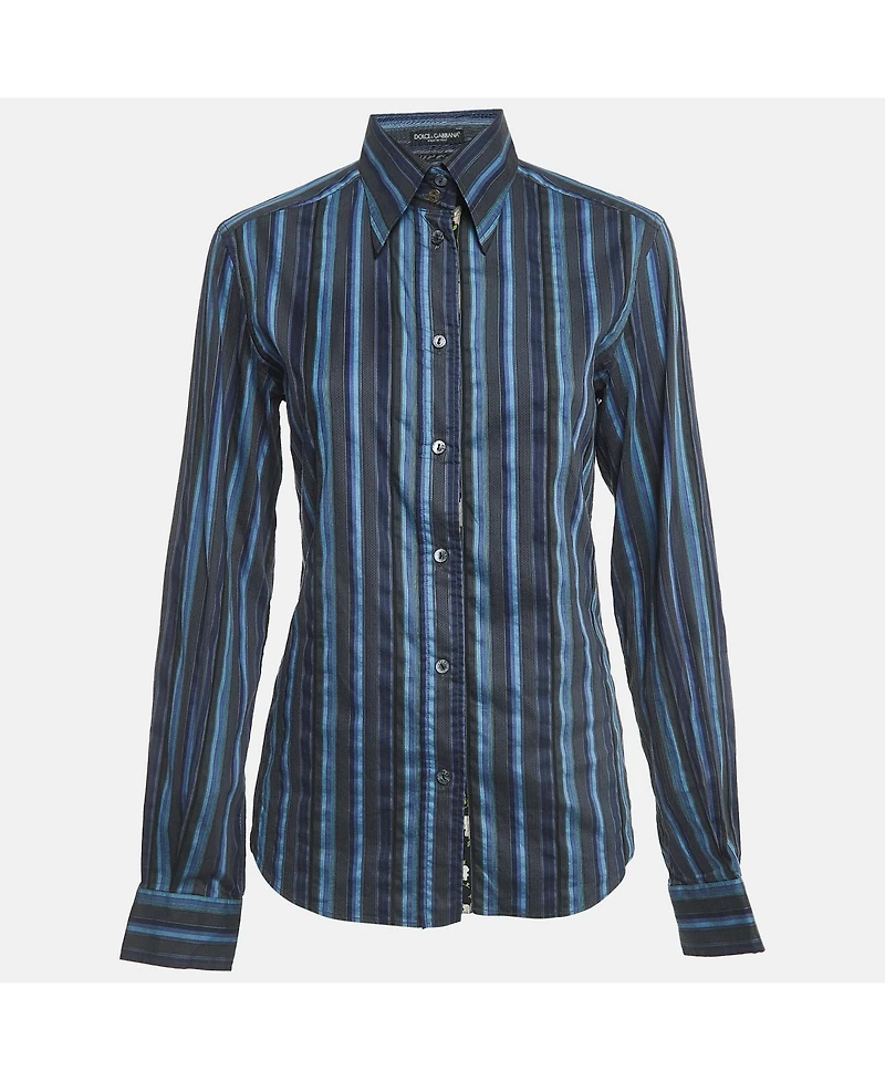 Pre-Owned Dolce & Gabbana Women's Blue Striped Cotton Full Sleeve Shirt