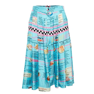 Pre-Owned Moschino Women's Couture Blue Drive In Menu Print Silk Pleated Midi Skirt