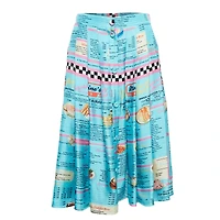 Pre-Owned Moschino Women's Couture Blue Drive In Menu Print Silk Pleated Midi Skirt