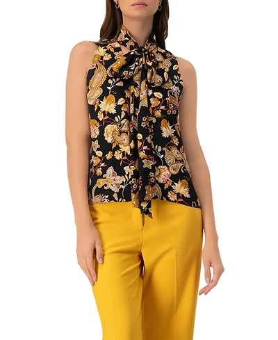 Ivonne Women's V-Neck Sleeveless Blouse with Neck Ties