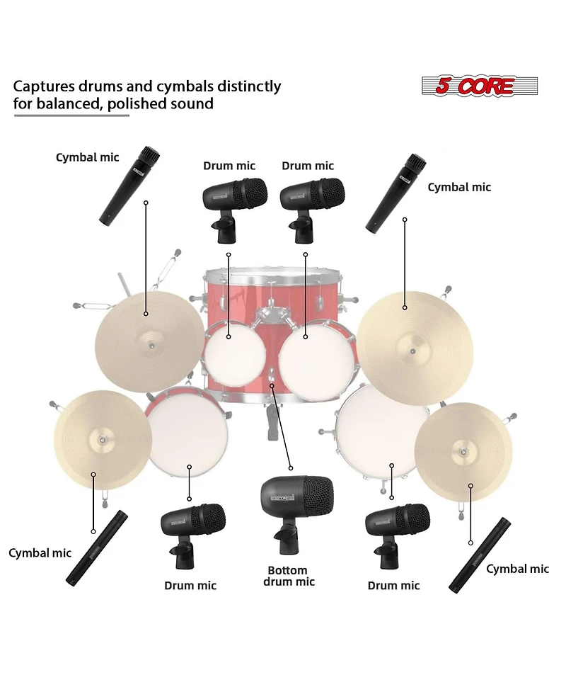 5 Core Drum Microphone Kit 9Pc All Metal Drummer Mics Tom/Snare Cymbals Wired Instrument Drums Set