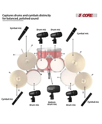5 Core Drum Microphone Kit 9Pc All Metal Drummer Mics Tom/Snare Cymbals Wired Instrument Drums Set