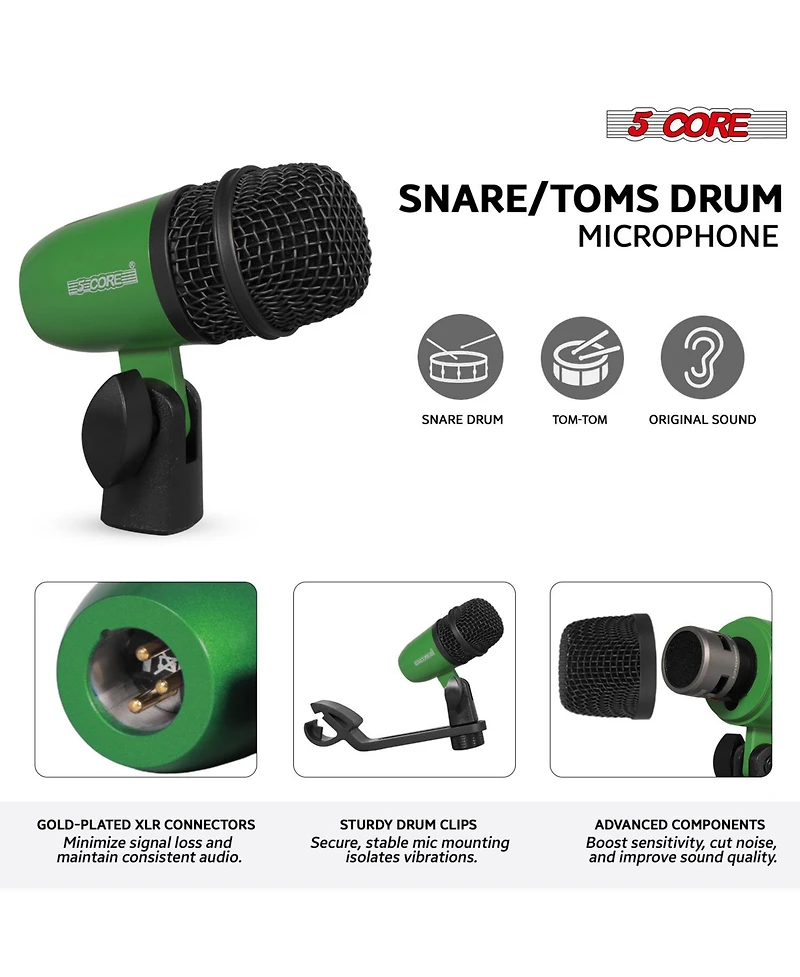 5 Core Drum Microphone Kit 9Pc All Metal Drummer Mics Tom/Snare Cymbals Wired Instrument Drums Set