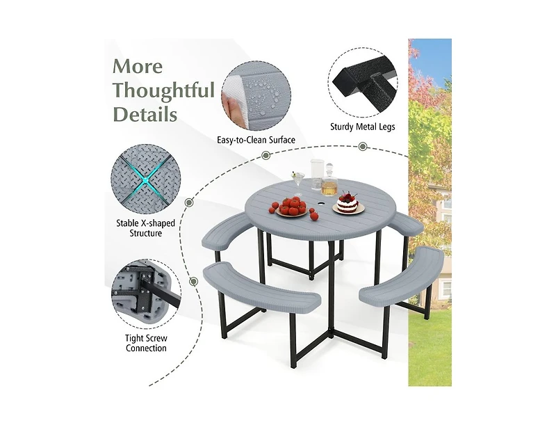 Slickblue Round Picnic Table Set with 4 Benches and Umbrella Hole