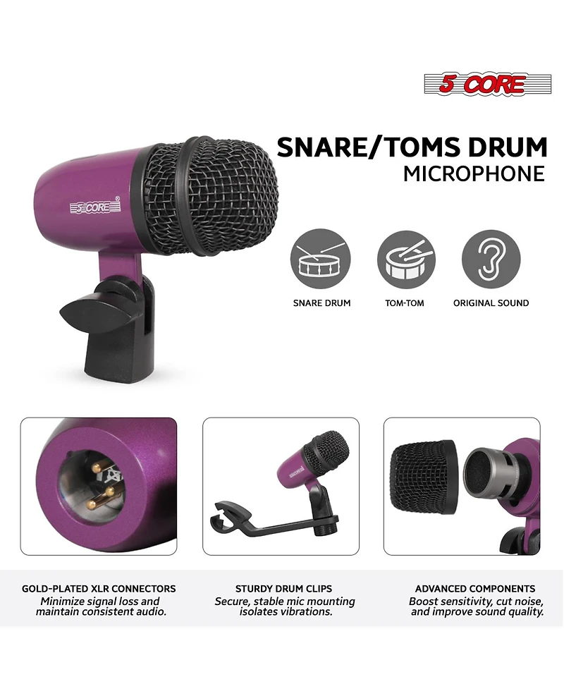 5 Core Drum Microphone Kit 7Piece All Metal Drummer Mics Tom/Snare and Cymbals Wired Instrument Drums Set
