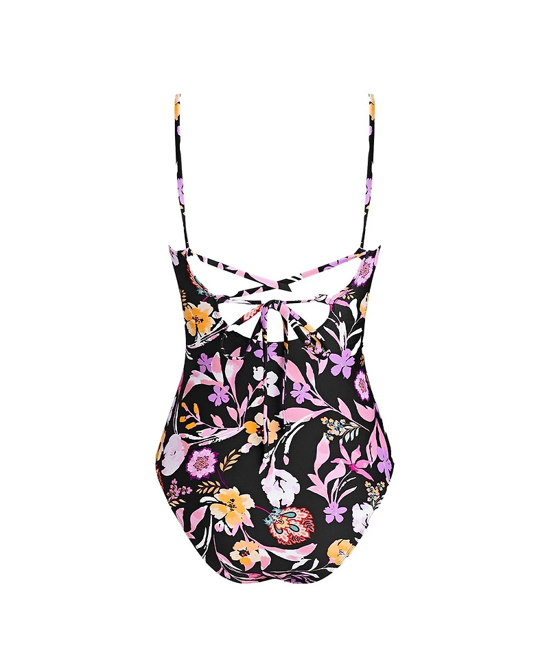 Cupshe Women's Floral Print One Piece Swimsuit Deep V Neck with Lace Up Back Adjustable Straps