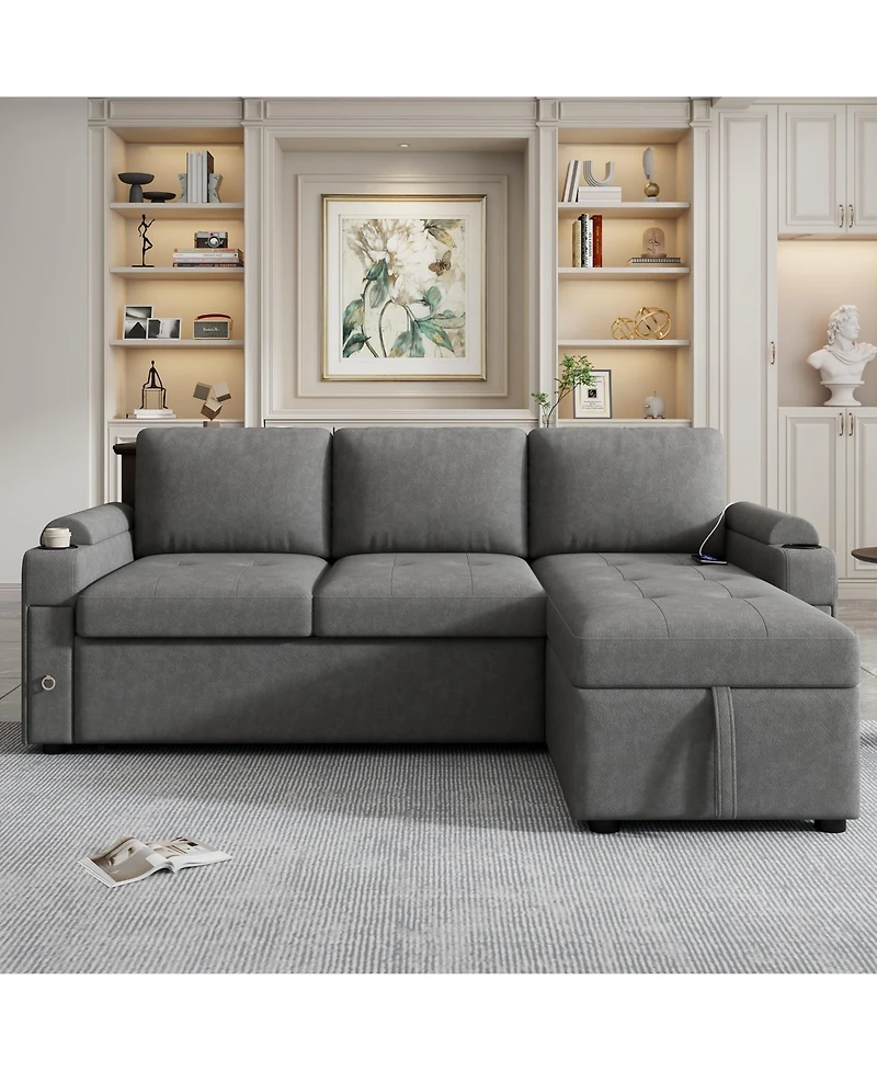 Boyel Living 83.5" L-Shaped Convertible Sofa Couch Bed Sectional with Storage, 2 Cup Holders & Usb Ports for Room