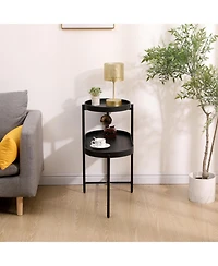 sumyeg Black 2-Tier Side Table with Metal Frame and Wooden Storage