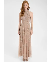 Beauut Women's Embellished Sequin Beaded Maxi Dress With High Neckline Sleeveless Design