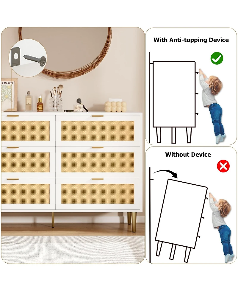 Gaomon Natural Rattan 6-Drawer Dresser with Gold Legs & Handles, Wide Storage Chest, Anti-Tip Design for Bedroom or Living Room.