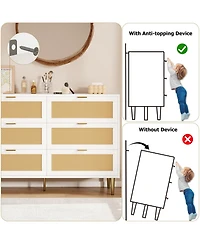 Gaomon Natural Rattan 6-Drawer Dresser with Gold Legs & Handles, Wide Storage Chest, Anti-Tip Design for Bedroom or Living Room.
