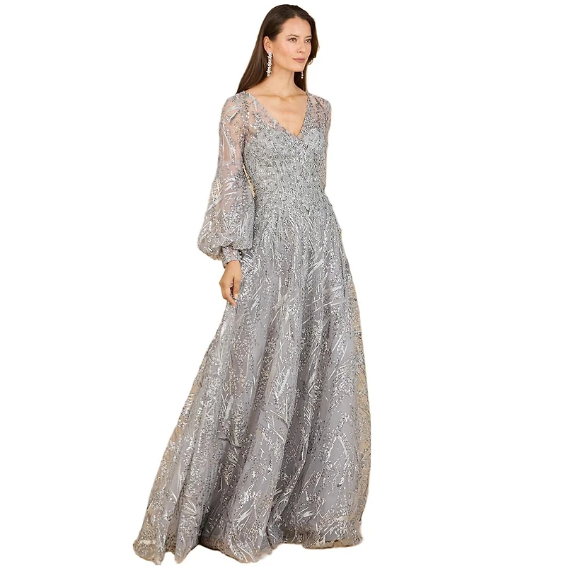 Lara Women's V Neckline Long Sleeve Gown