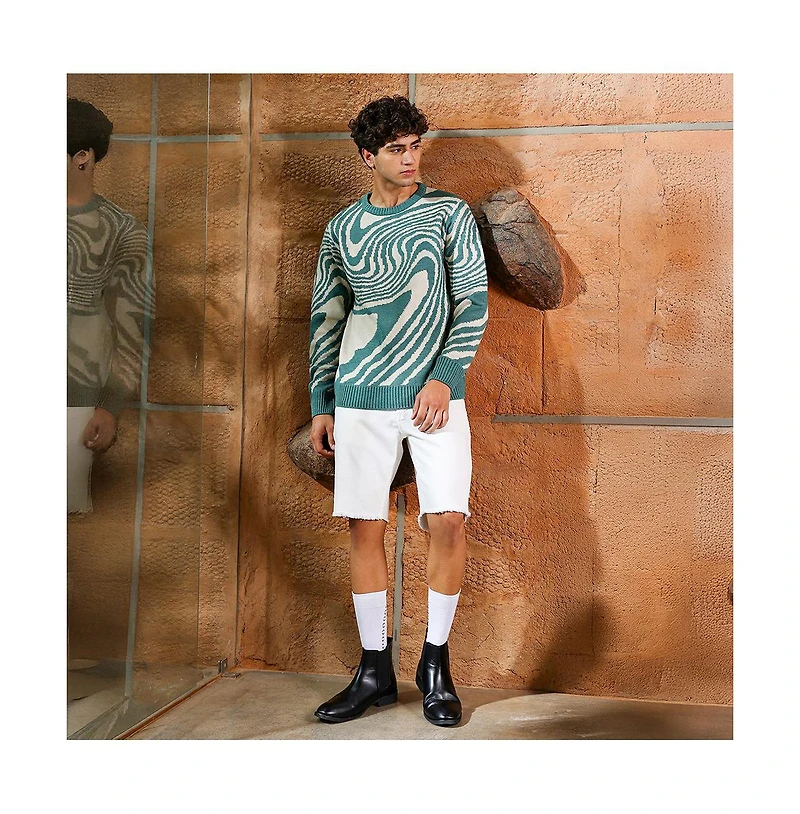 Campus Sutra Men's Emerald Green Fluid-Jacquard Knit Pullover Sweater