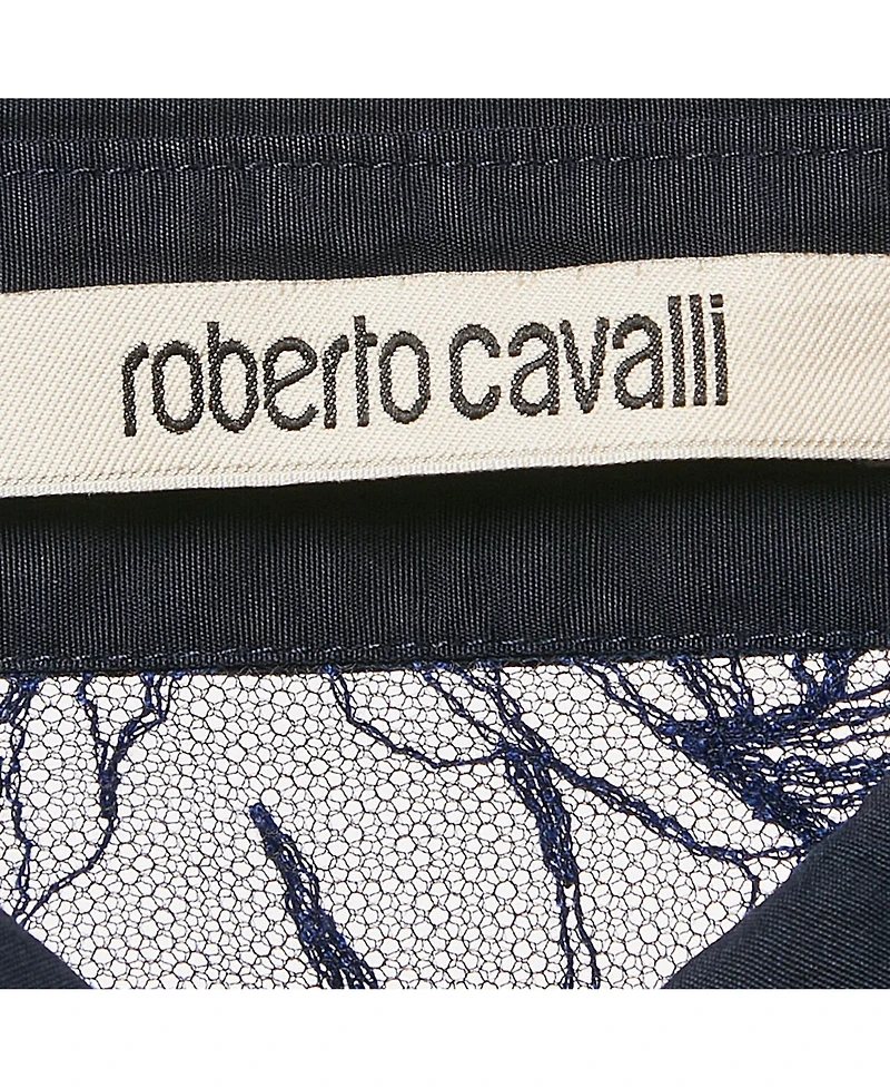 Pre-Owned Roberto Cavalli Women's Blue Embroidered Tulle Frilled Sheer Shirt