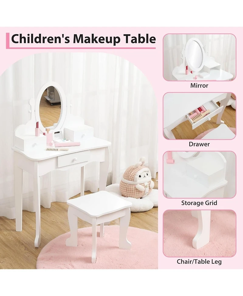 gaomon Adjustable Mirror Kids Vanity Set with Stool and Storage Drawers – Wooden Princess Makeup Dressing Table for Ages 4–9