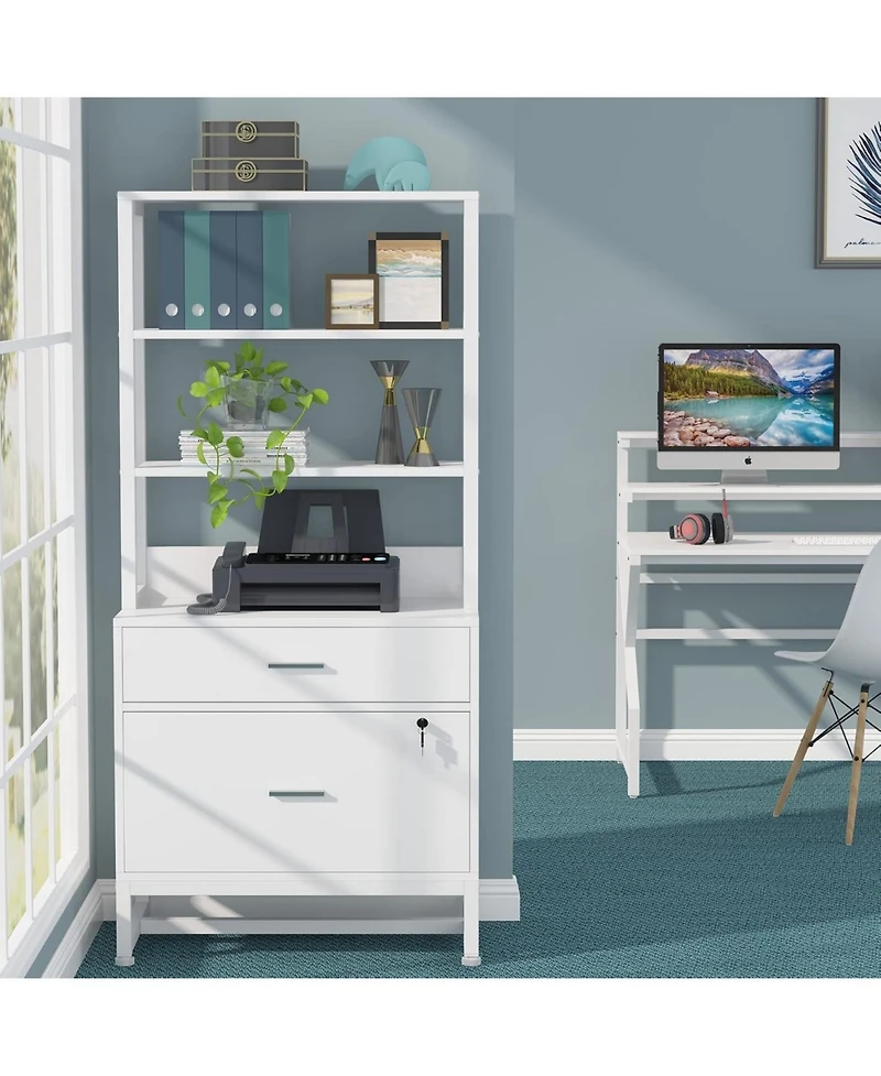 Tribesigns 2 Drawer Vertical File Cabinet with Lock & Bookshelf, Letter Size Large Modern Filing Cabinet Printer Stand with Open Storage Shelves