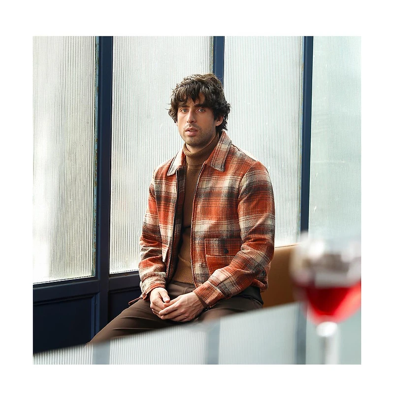 Campus Sutra Men's Burnt Sienna Zip-Front Plaid Jacket.