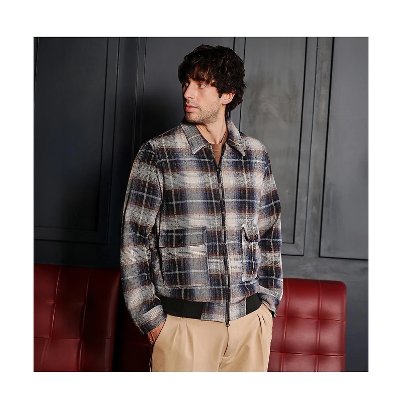 Campus Sutra Men's Navy Blue Zip-Front Plaid Jacket