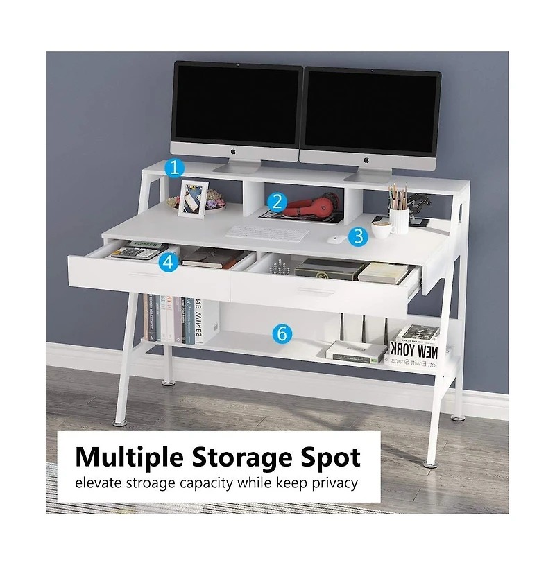 Tribesigns White Computer Desk with Storage Shelf & Drawers, Modern 47 inch Office Writing Desk Study Table with Monitor Stand