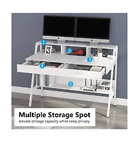 Tribesigns White Computer Desk with Storage Shelf & Drawers, Modern 47 inch Office Writing Desk Study Table with Monitor Stand