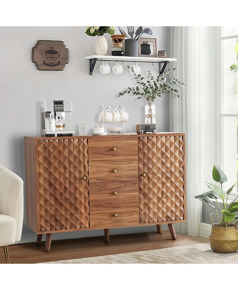 Gaomon Sideboard Cabinet with 4 Drawers, Buffet Cabinet with Storage,Mid Century Modern Sideboards with 2 Door, Kitchen, Dining, Living Room, Brown