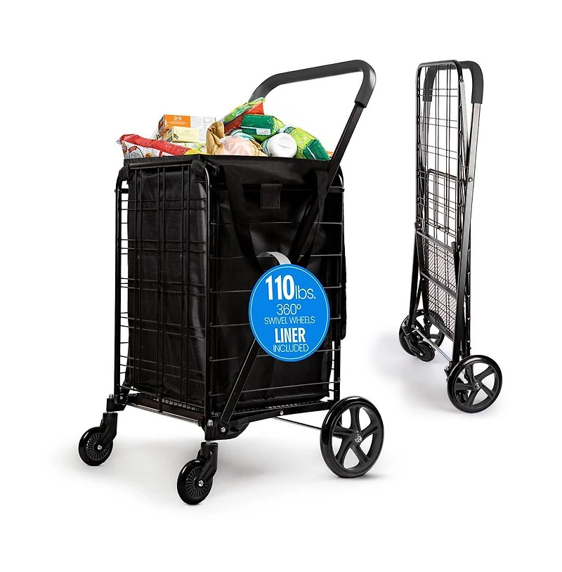 SereneLife Folding Utility Cart with Liner, Heavy-Duty, 360° Swivel Wheels, 70 lb Capacity, Portable for Groceries, Laundry & More (Blue)
