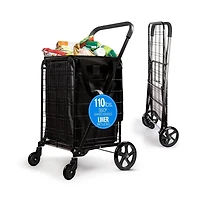 SereneLife Folding Utility Cart with Liner, Heavy-Duty, 360° Swivel Wheels, 70 lb Capacity, Portable for Groceries, Laundry & More (Blue)
