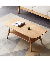 sumyeg Solid Wood Center Table Coffee Table with Natural Wood Finish and Storage Shelf