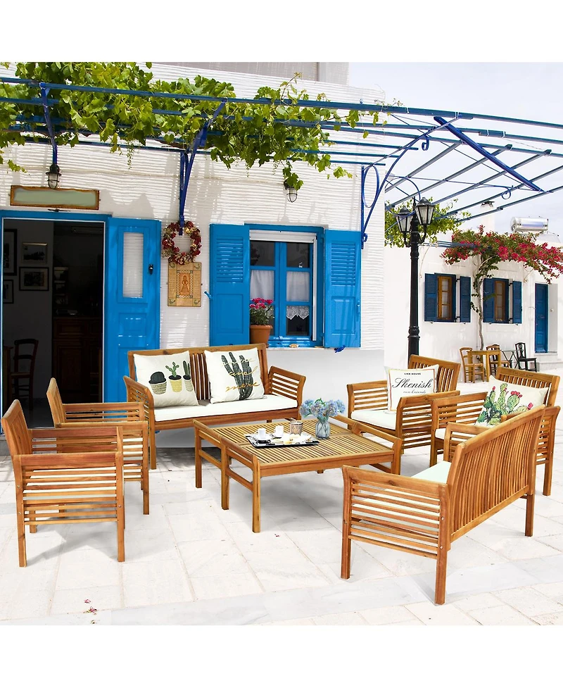 Costway 8 Pcs Outdoor Acacia Wood Sofa Furniture Set Cushioned Chair Coffee Table Garden