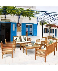 Costway 8 Pcs Outdoor Acacia Wood Sofa Furniture Set Cushioned Chair Coffee Table Garden