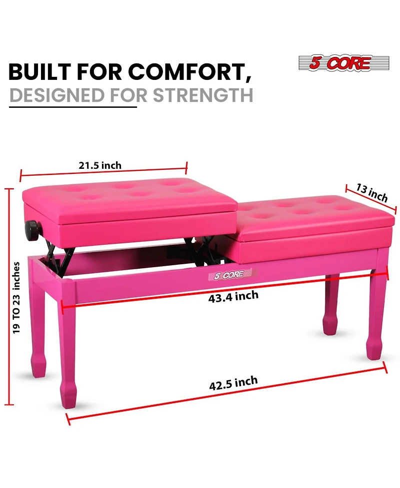5 Core Duet Piano Bench 3.5 Inch Padded Cushioned Stool Wooden Heavy Duty Musician Chair w Storage