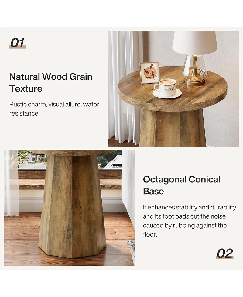 Tribesigns Farmhouse Round End Table, Wooden Couch Side Table with Octagonal Base
