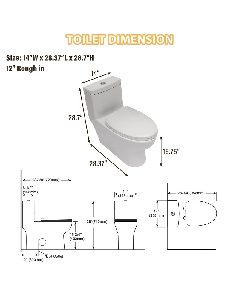 Casainc One-Piece Dual Flush 1.1/1.6 Gpf Elongated Bathroom Fixture Comfort Seat Height,Soft-Close Seat,Glazed Surface