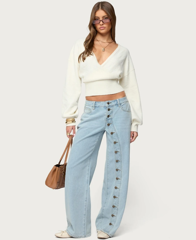 Edikted Women's Adison Button Low Rise Baggy Jeans