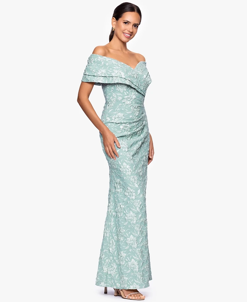 Betsy & Adam Petite Off-The-Shoulder Long Sheath Dress