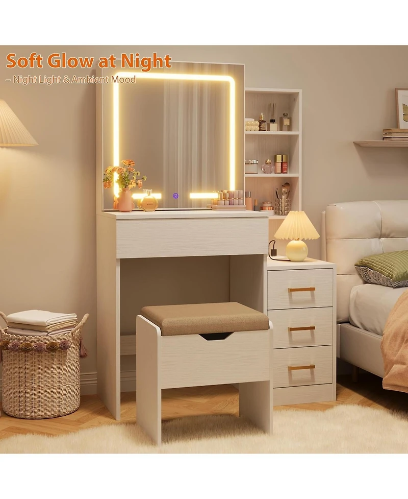 Gaomon Vanity Desk with Sliding Mirror & Lights, 4 Drawers, 7 Shelves, Charging Station, Stool Included, 3 Lighting Modes, Modern Makeup