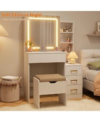 Gaomon Vanity Desk with Sliding Mirror & Lights, 4 Drawers, 7 Shelves, Charging Station, Stool Included, 3 Lighting Modes, Modern Makeup