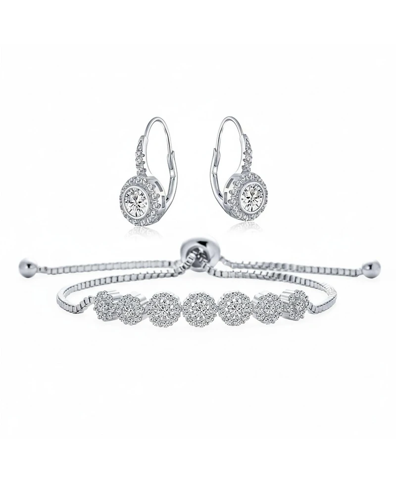 Bling Jewelry Rose Flower Cubic Zirconia Cz Adjustable Bolo Bracelet and Rosette Halo Drop Earrings Lever Back Jewelry Set