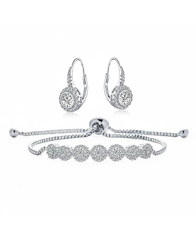 Bling Jewelry Rose Flower Cubic Zirconia Cz Adjustable Bolo Bracelet and Rosette Halo Drop Earrings Lever Back Jewelry Set
