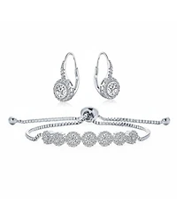 Bling Jewelry Rose Flower Cubic Zirconia Cz Adjustable Bolo Bracelet and Rosette Halo Drop Earrings Lever Back Jewelry Set