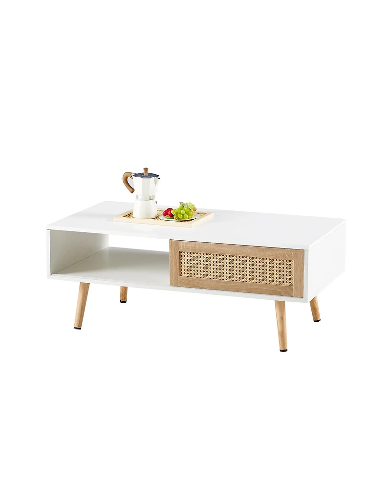 sumyeg Modern Rattan Coffee Table with Sliding Door Storage and Solid Wood Legs