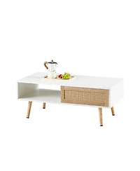 sumyeg Modern Rattan Coffee Table with Sliding Door Storage and Solid Wood Legs