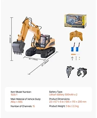 Mecale Remote Control Excavator Toy, 15-Channel 1:14 Scale Rc Digger with Metal Shovel, Lights & Sounds, 3-in-1 Construction Vehicle for Kids