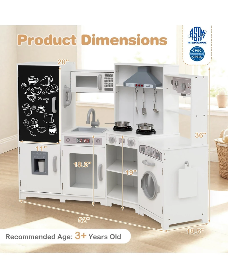 Hongge Wooden Corner Play Kitchen Set With Lights Sounds Ice Maker And Accessories