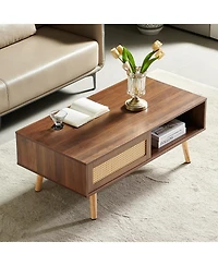 sumyeg Pe Rattan Coffee Table with Sliding Storage Door and Solid Wood Legs for Living Room