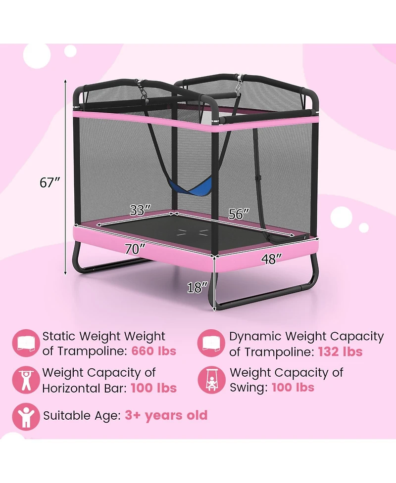 Hongge Kids Trampoline With Detachable Swing And Horizontal Bar For Indoor And Outdoor Play