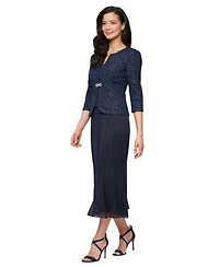 Alex Evenings Womens Textured Jacquard Tea Length Midi Jacket Dress