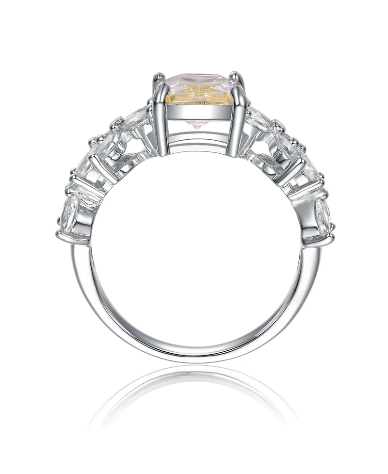 Sterling Silver Canary Yellow & White Cubic Zirconia Radiant Leaf Trellis Cluster Statement Ring