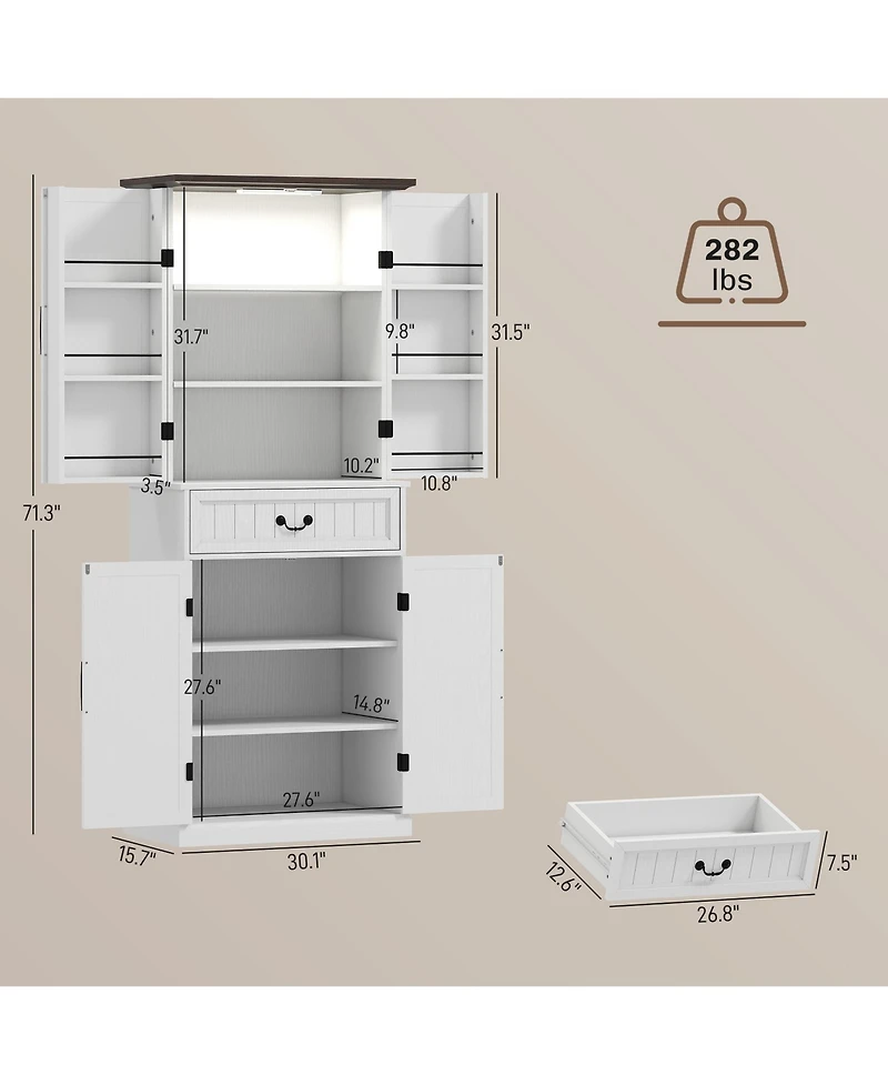 Homcom Farmhouse Kitchen Pantry Cabinet with Light, Storage Cabinet,