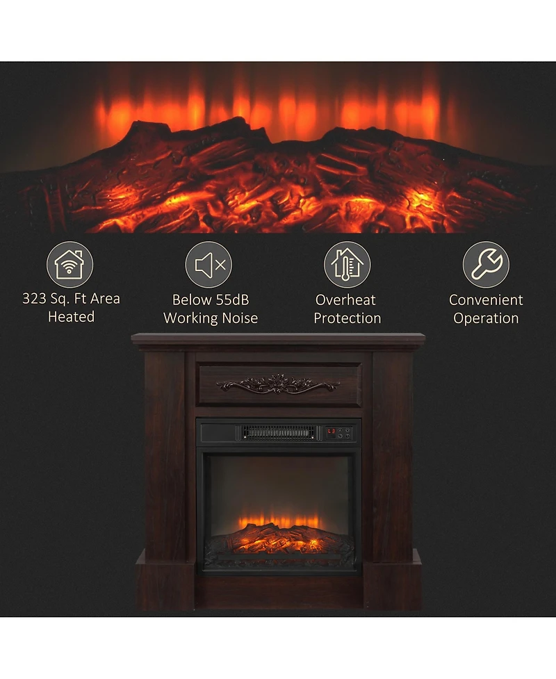 Homcom 32" 1400W Electric Fireplace Mantel with Realistic Led Log Heater, Brown